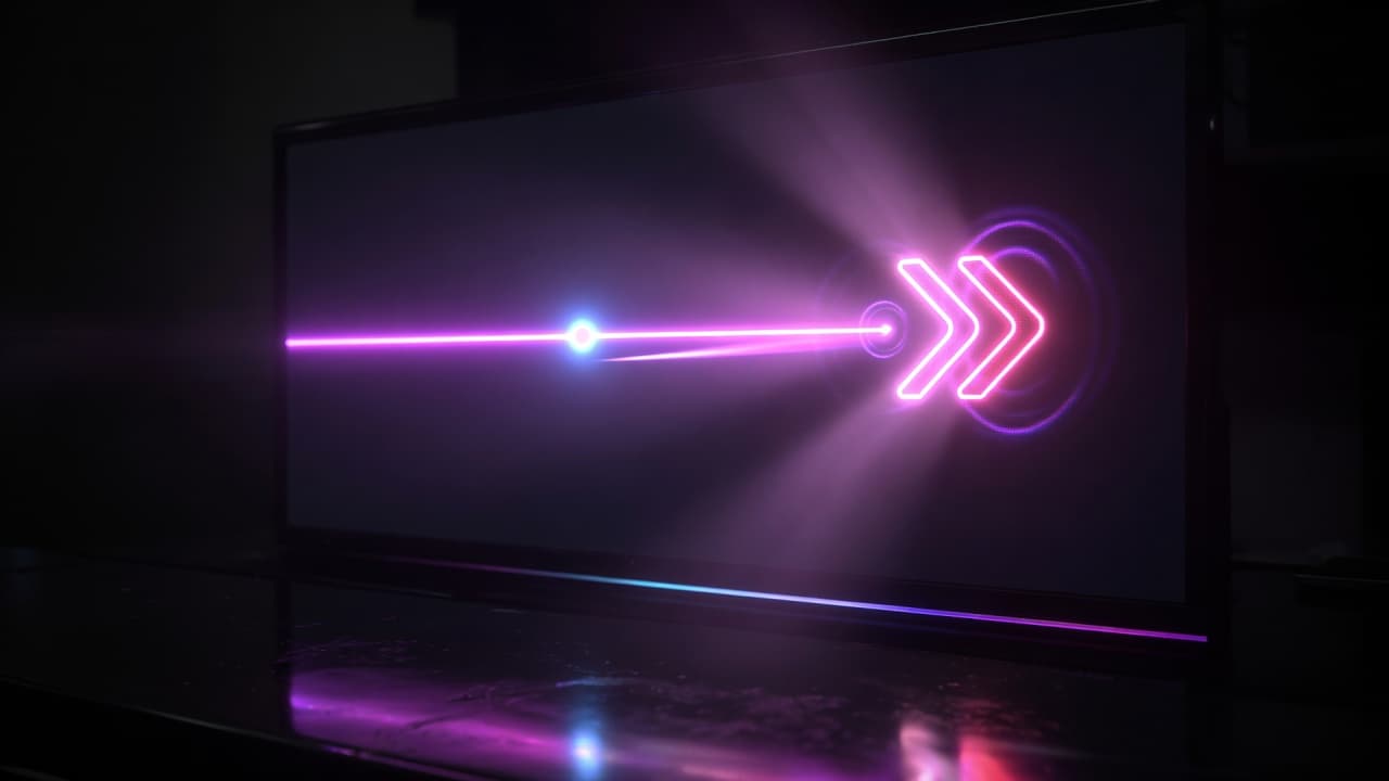 A glowing dot traveling along a neon line toward a bright target mark in a dark room