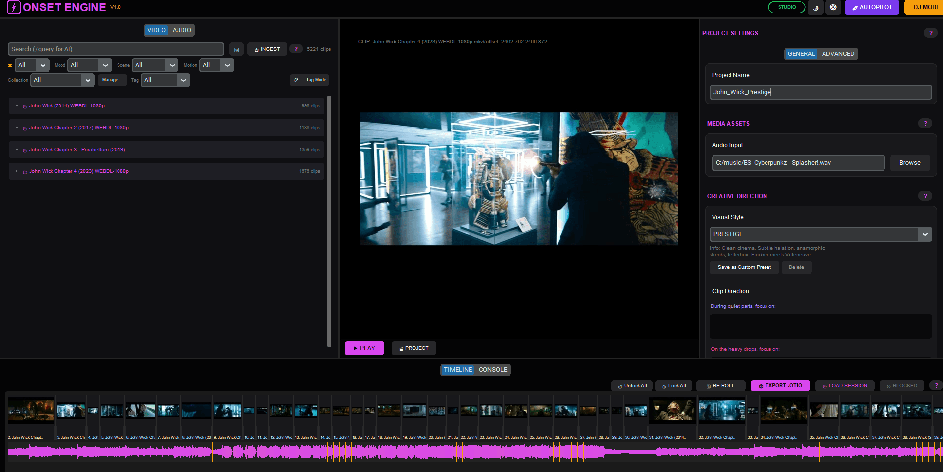 Onset Engine Studio interface with a clip library, video preview, project controls, and an editable beat-synced timeline