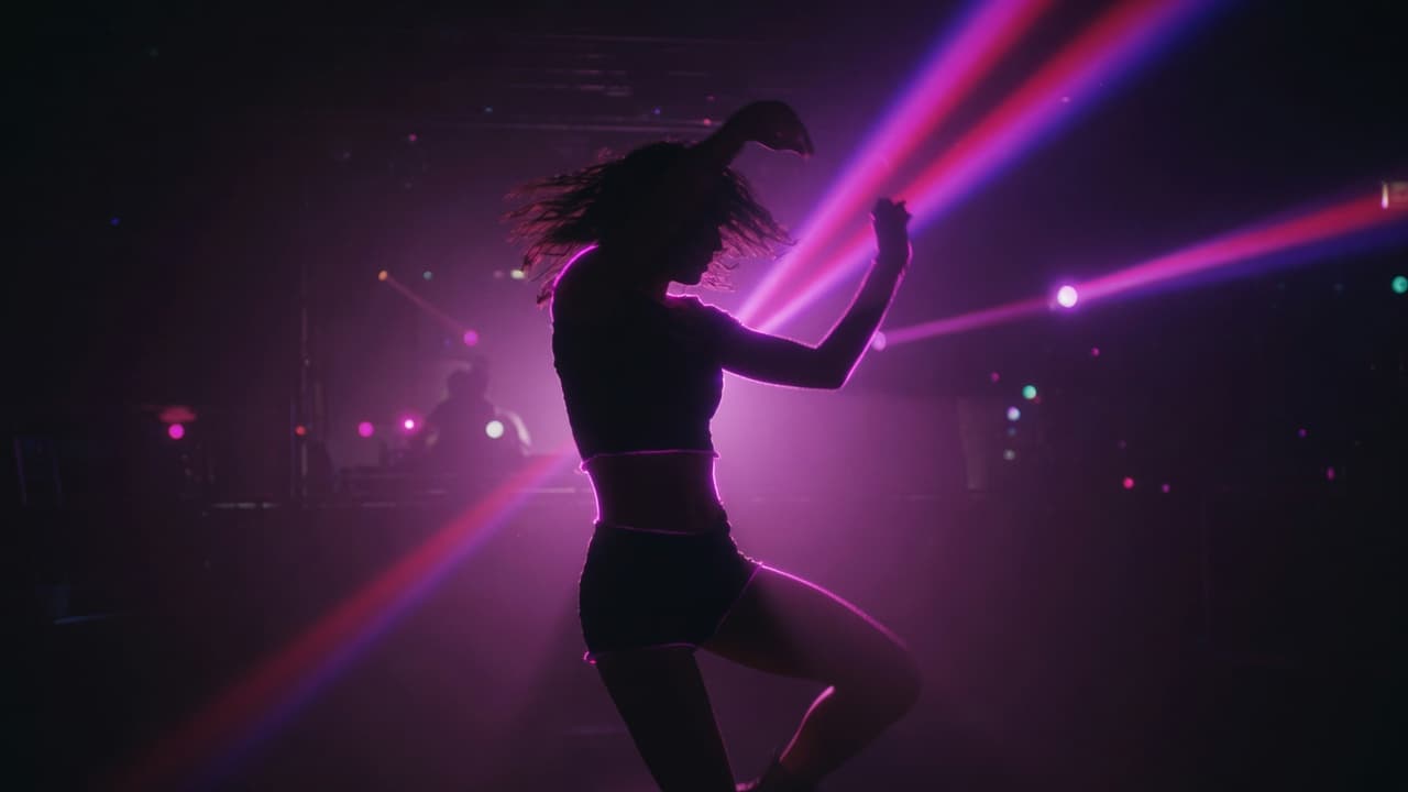A dancer silhouetted against purple and magenta stage light with music-video light streaks