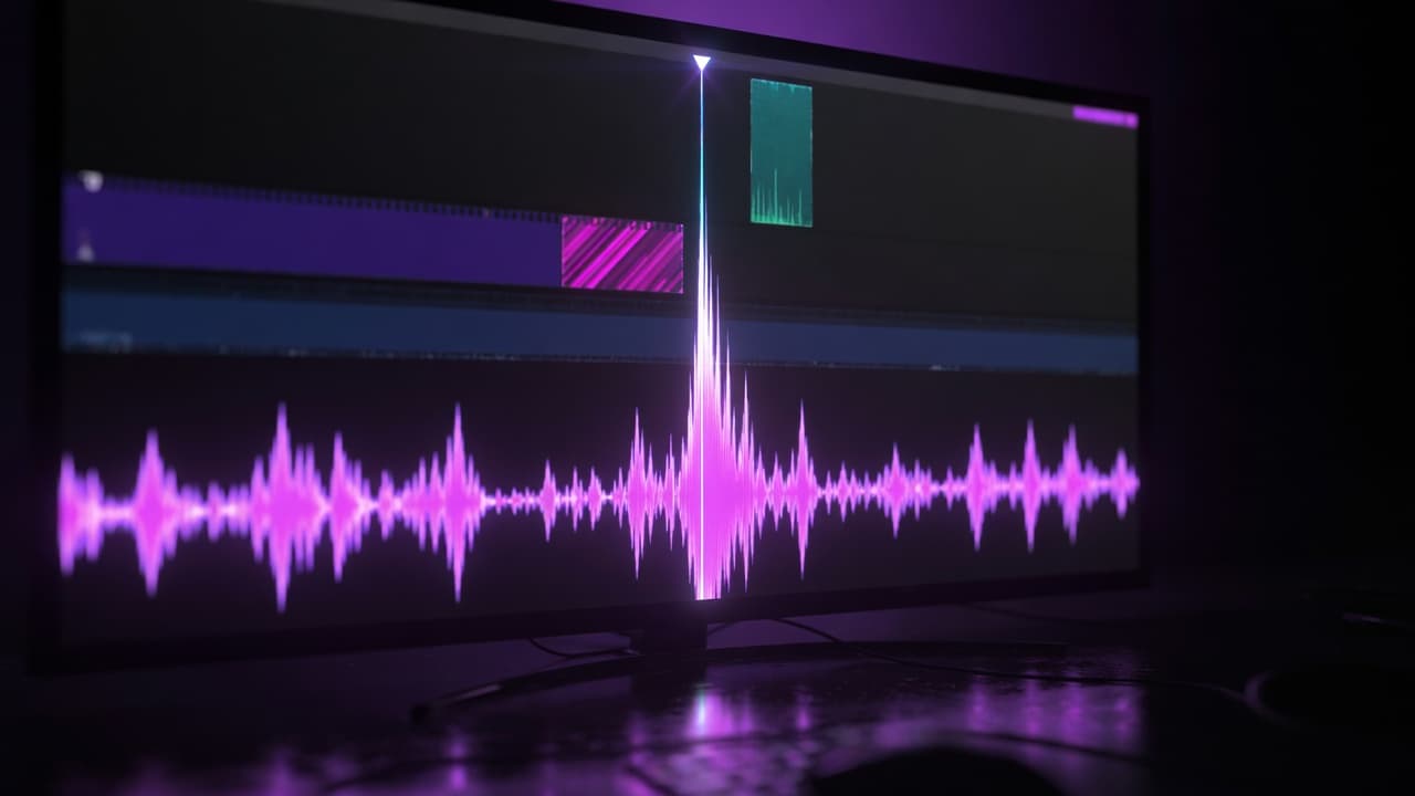 A dark video editing timeline with a neon waveform and the playhead landing on a tall spike